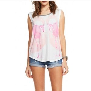 Chaser Flamingo burn out tank women's size small. White with gray collar and pin